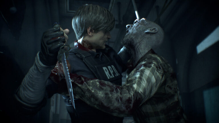 RE2 protagonist Leon Kennedy attempts to fend off a zombie with his combat knife.