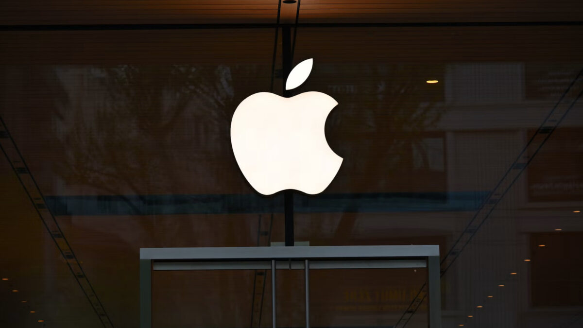 An Apple logo on a storefront.