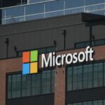 Microsoft logo on the side of a building.