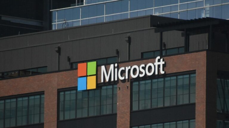 Microsoft logo on the side of a building.