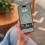 Photo of a hand holding a smartphone displaying the Rivian Pet Cam active on the lock screen.