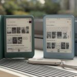 Two Kindle devices near a window, with the Kindle Click in front of them.