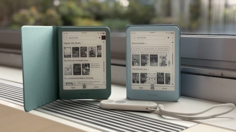 Two Kindle devices near a window, with the Kindle Click in front of them.