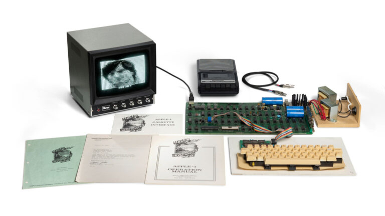 The 'Hatfield' Apple I computer with manuals, keyboard and period accessories