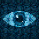 stock image showing a blue eye made out of zeros and ones