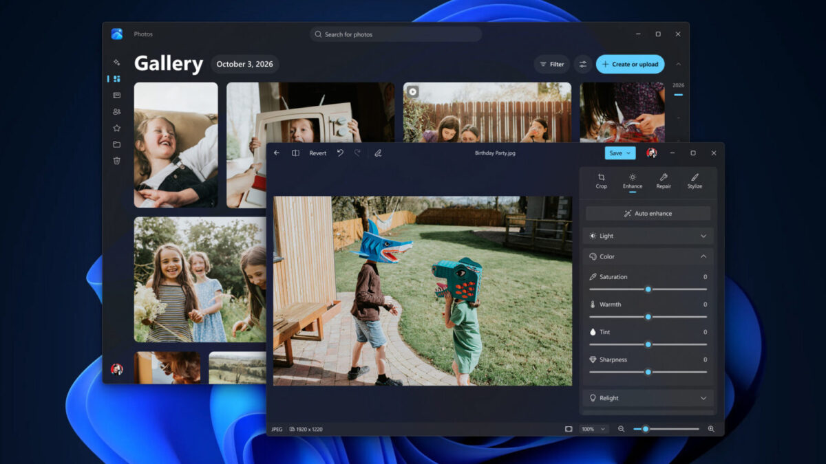 Overlapping Photos windows on Windows 11: Gallery displays a grid of photos behind the Editor, which shows a photo of a birthday party with controls for light, color and sharpness.