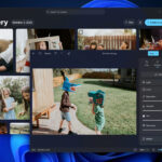 Overlapping Photos windows on Windows 11: Gallery displays a grid of photos behind the Editor, which shows a photo of a birthday party with controls for light, color and sharpness.