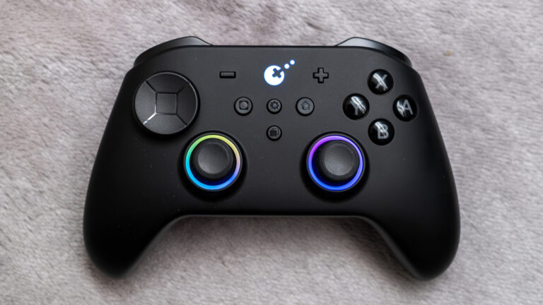 GuliKit TT Max controller with rainbow rings around the sticks.